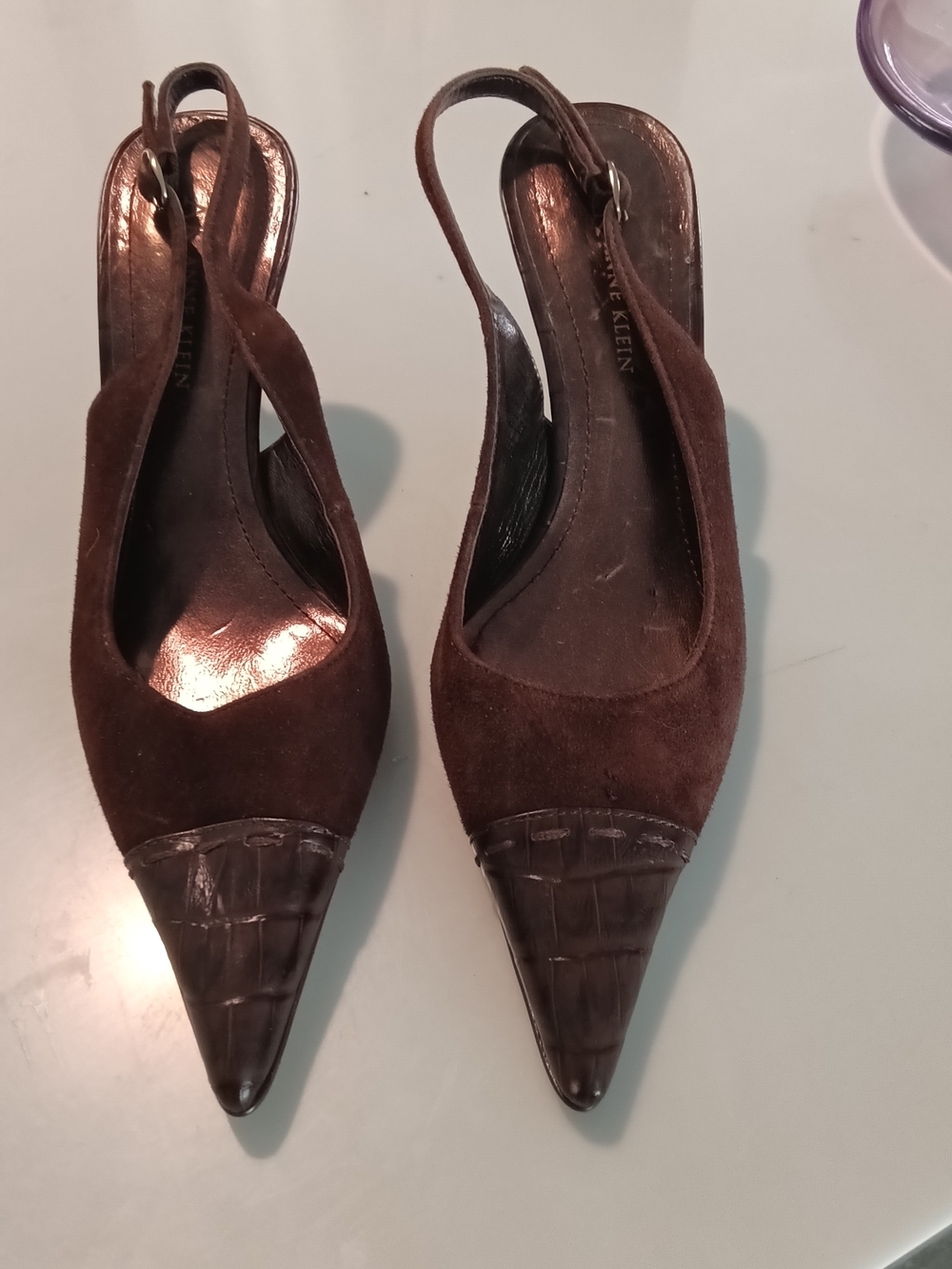 Anne Klein Dark Brown Suede Pointed Slingback Heels